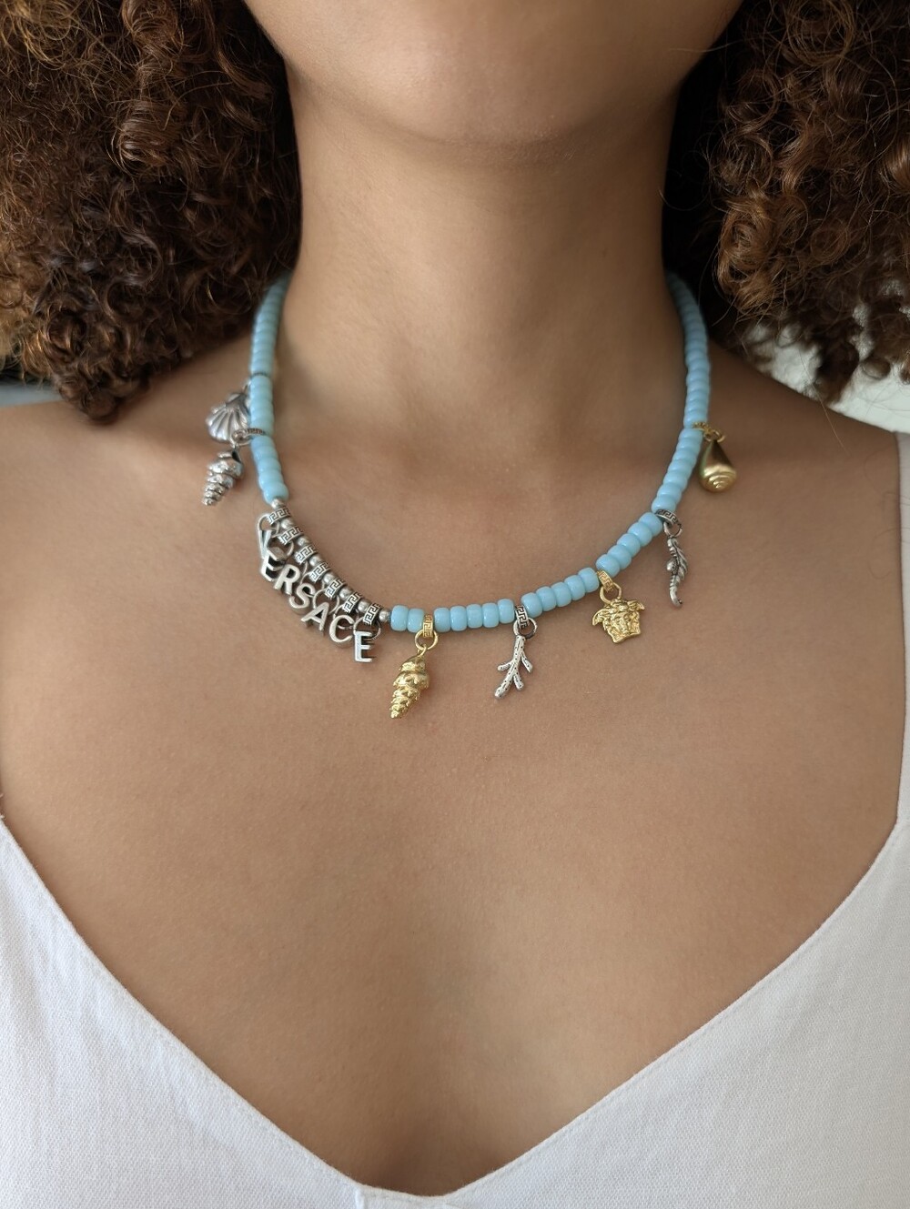 Versace Light Turquoise Bead Charm Necklace with Gold & Silver Accents